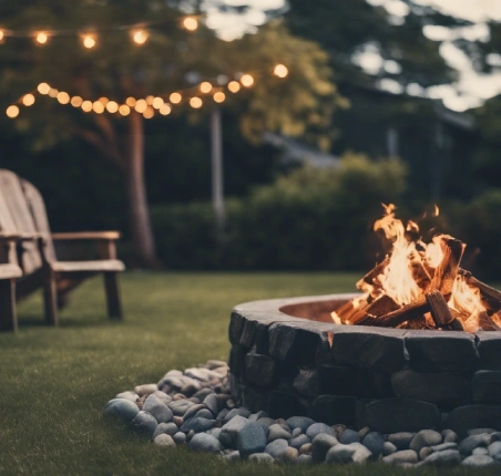 Modern fire pit with a gas flame surrounded by contemporary outdoor furniture in a country setting.