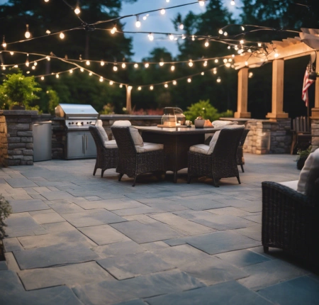 Spacious outdoor kitchen with stainless steel appliances and granite countertops, nestled under a pergola with string lights in a suburban backyard.