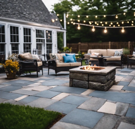 Rustic outdoor kitchen with a wood-fired pizza oven, stone countertops, and a dining area with wooden furniture, surrounded by lush greenery.