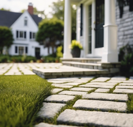 Charming paver pathway meandering through a coastal landscape, surrounded by beach grass and dunes in Cape Cod, Massachusetts.