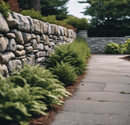 Historic stone wall with weathered granite blocks in a Cape Cod neighborhood, reflecting New England's architectural heritage.