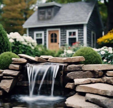 Serene backyard waterfall cascading into a tranquil pond, surrounded by lush greenery and colorful flowers in a suburban garden.