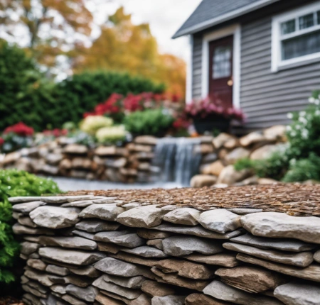 Zen-inspired backyard water feature with a minimalist design, featuring a small cascading waterfall and pebble-lined stream in a peaceful Wellfleet, Massachusetts garden.